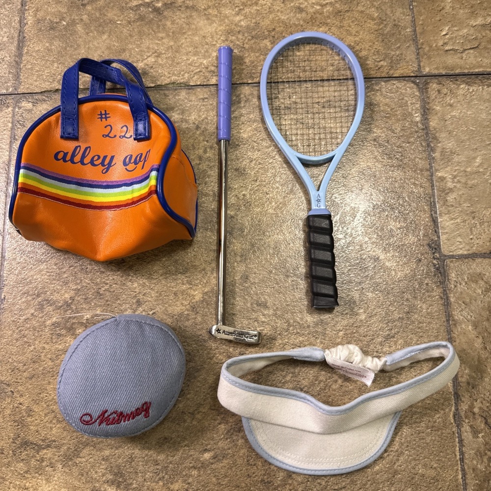 American Girl Doll Sports Lot Tennis Racket Golf Club Alley Cat Bag Kit Visor